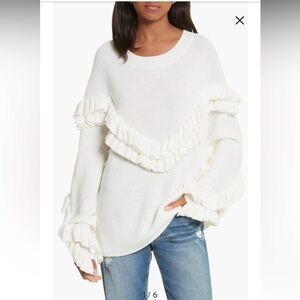 Women’s Frame Wool Blend Ruffle Yoke Ribbed Sweater In Off White oversized, SzL